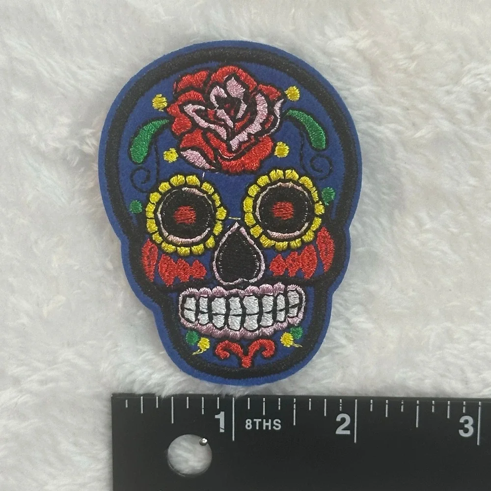 Sugar Skull Iron On Patch Unisex‎ Blue Day of the Dead Rose Embroidered
